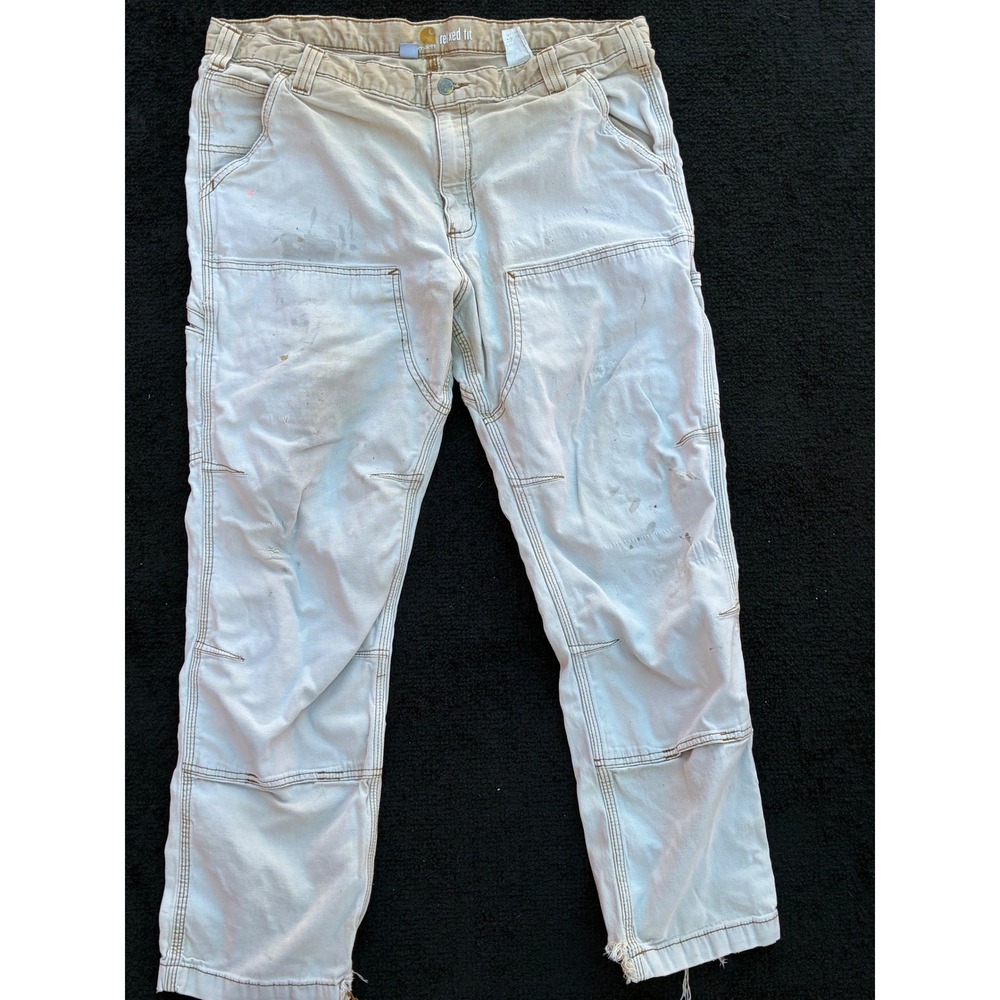 Carhartt Relaxed Fit Double Front Logger Pants Tan Workwear 40x30 Distressed